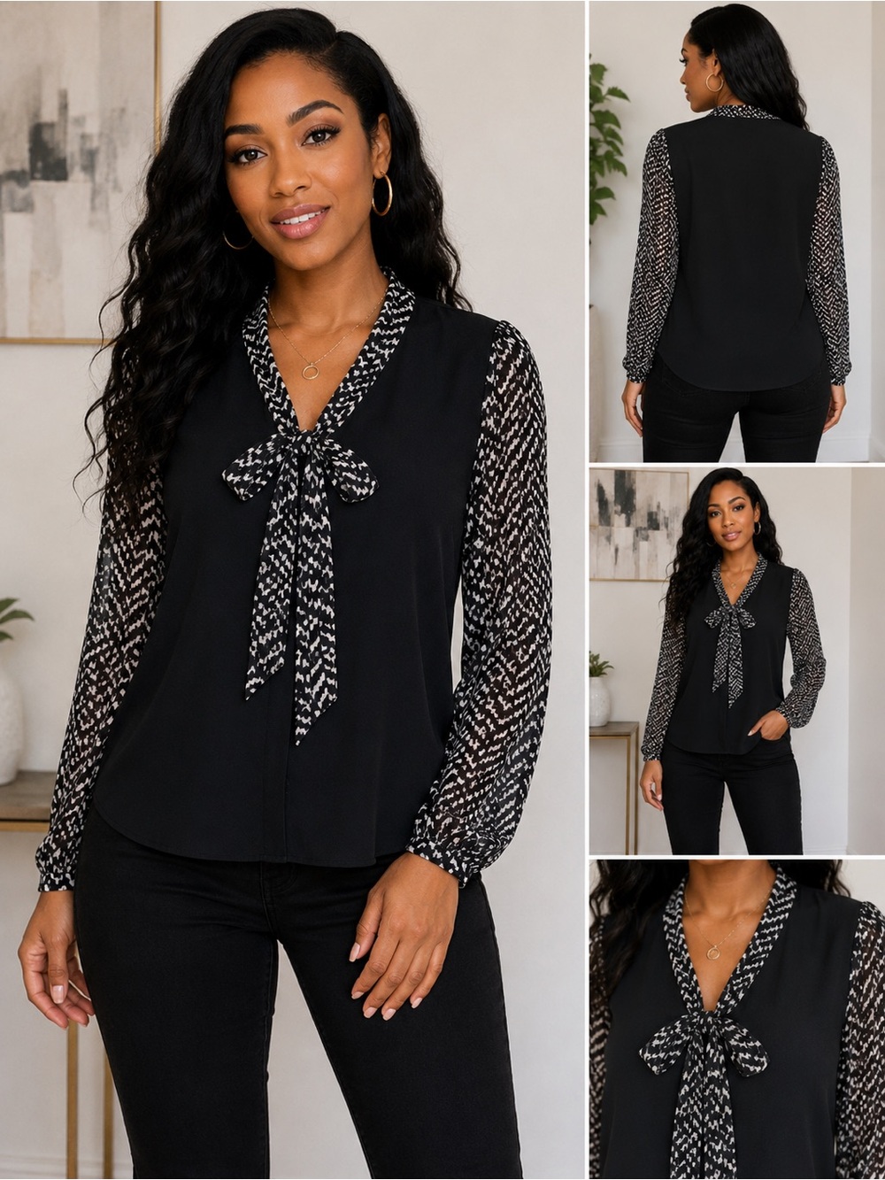 Kim Rogers Black Tie-Neck Geometric Print Blouse